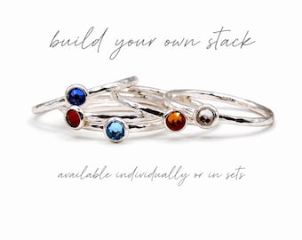 Birthstone Stacking Ring, Sterling Silver Hammered Ring, Crystal Bezel Ring, Custom Stackable Rings, Dainty Gift for Mom