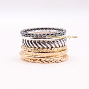 Set of 7 Mixed Metal Rings — Sterling Silver & Gold Filled | Textured Stacking Rings