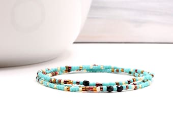 Handmade Turquoise Seed Bead Wrap Bracelet, Bohemian Anklet Necklace