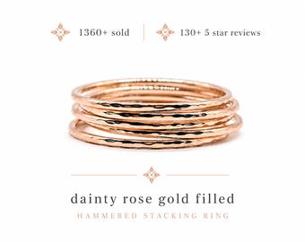Rose Gold Filled Stacking Ring, Dainty Hammered Band, Ultra Thin 1mm Minimalist Ring, Skinny Layering Jewelry, Sold Individually or in Sets