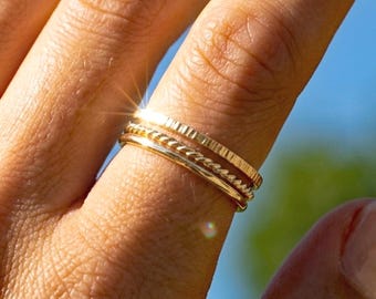 Gold Filled Stacking Rings Set of 3 – Hammered Twist Twig Rings, Thin 1mm Bands, Minimalist Ring Stack, Dainty Gold Rings
