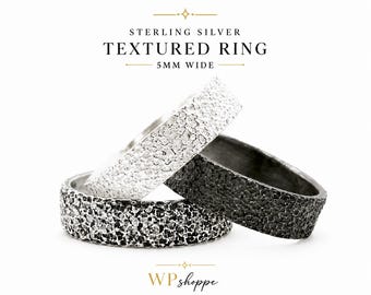 Sterling Silver Textured Ring 5mm Wide Hammered Band Comfort Fit Wedding Ring Unisex Thumb Ring Made to Order