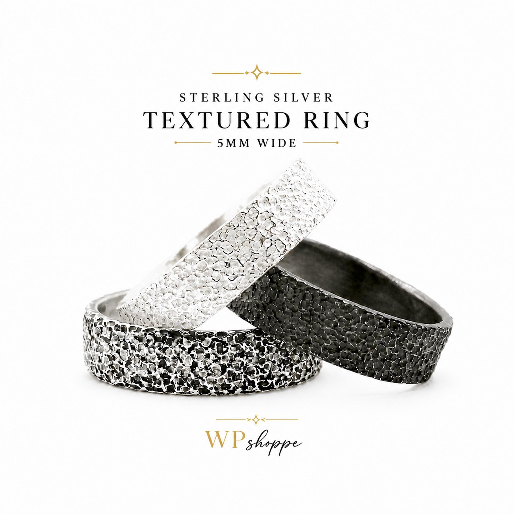 Sterling Silver Textured Ring 5mm Wide Hammered Band Comfort Fit