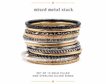 Conjunto de 13 anillos apilables de metales mixtos / Anillos apilables de oro laminado y plata de ley / Anillos delicados para combinar / Conjunto de anillos estilo boho / WPshoppe