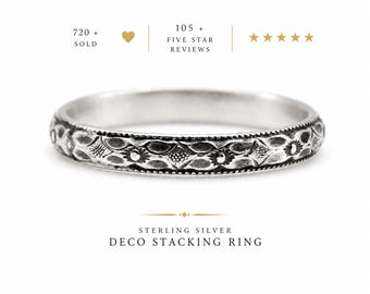 Art Deco Floral Sterling Silver Ring, Vintage Style Wedding Band, 2.8mm Stacking Ring, Starburst Pattern Band, Antique Inspired Jewelry