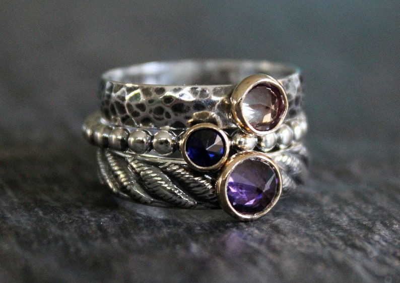 Inverted Setting Layering Mothers Ring Sterling Silver Birthstone Ring 14k Gold Bezel Setting Choose Your Birthstone Stacking Ring