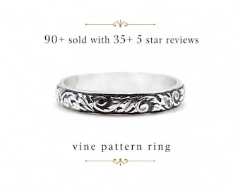 Sterling Silver Vine Ring, Floral Textured Band, Oxidized or Bright Finish, 3.5mm Stacking Ring, Handmade Silver Band