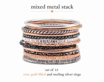 Sterling Silver & Rose Gold Filled Ring Stack | Set of 13 Textured Stacking Rings | Mixed Metal Layering Set