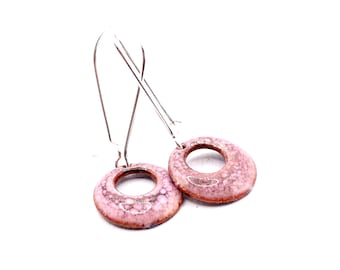 Dusty Rose Enamel Earrings, Gold Mica Sterling Silver Wires