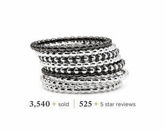 Sterling Silver Beaded Ring 1.5mm, Dainty Stacking Ring, Minimalist Silver Band, Oxidized Black or Brushed Finish Ring