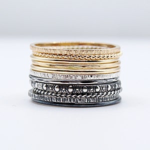 Silver and gold mixed metal ring set of 11 rings. Gold and silver stackable rings.