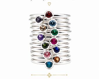Birthstone Stacking Ring Sterling Silver, Inverted Gemstone Ring, Mothers Ring, Custom Birthstone Jewelry Gift for Mom Grandma