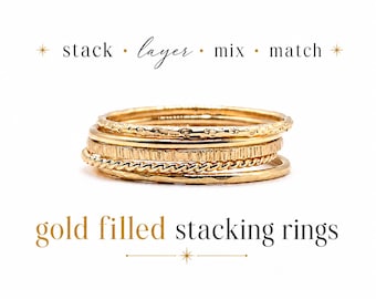 Gold Filled Stacking Rings Set of 5, Dainty Stackable Rings, Hammered Twist Twig Faceted Band, Minimal Layering Rings
