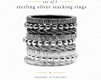 Sterling Silver Stacking Rings Set of 3 – Hammered & Twist and Beaded Bands, Bold Everyday Stackable Rings Handmade