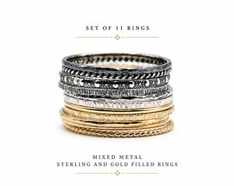 Conjunto de anillos apilables de metales mixtos, 11 bandas de oro y plata, anillos minimalistas apilables, conjunto de anillos delicados, regalo para ella, joyería bohemia