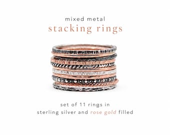 Conjunto de 11 anillos de metales mixtos / Anillos superpuestos de plata de ley y oro rosa / Colección de anillos boho / Conjunto de anillos hechos a mano