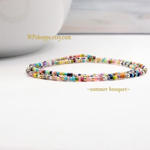 Summer Bouquet multi color wrap bracelet. Glass seed beads strung on stretchy wire, wraps 3x around the wrist