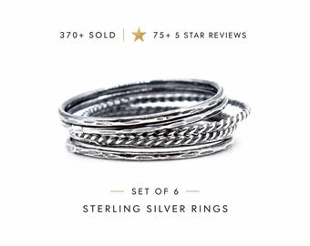 Sterling Silver Stacking Rings Set of 6, Thin Hammered & Twist Rings, Minimalist Stackable Rings, Dainty Silver Bands