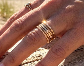 14k Gold Filled Stacking Rings Set of 5 – Dainty Textured Stackable Rings, Hammered Twisted Minimal Bands, Gift for Her