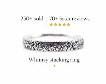 Sterling Silver Floral Stacking Ring, Whimsy Vine Band, Oxidized Silver Ring, Textured Stack Ring, Handmade Silver Band