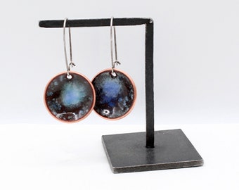 Galaxy enamel drop earrings Hand torched glass filling large copper bowls on your choice of sterling silver ear wires Ready to ship