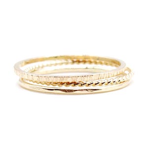 Thin gold filled stacking rings, set of 3 rings, Minimalist jewelry, yellow gold layering rings, ultra thin hammered and twist rings