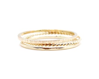Thin gold filled stacking rings, set of 3 rings, Minimalist jewelry, yellow gold layering rings, ultra thin hammered and twist rings