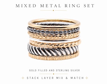 Conjunto de 7 anillos de metales mixtos • Anillos apilables de plata de ley y oro laminado • Anillos superpuestos • Anillos bohemios hechos a mano