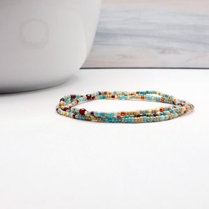 Friday Vibes multi wrap layering bracelet. Glass seed beads and Czech glass beads on elastic wire can be worn as an anklet or necklace