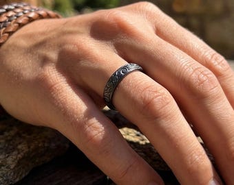 Sterling Silver Vine Ring, Floral Textured Band, Oxidized or Bright Finish, 3.5mm Stacking Ring, Handmade Silver Band