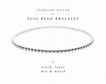 Sterling Silver Full Bead Bangle Bracelet • 2.4mm Stackable Beaded Bracelet • Minimalist Layering Bangle • Handmade Silver Jewelry