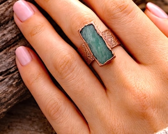 Amazonite Copper Ring, Electroformed Gemstone Ring, Raw Stone Ring, Boho Statement Ring, Handmade Artisan Jewelry