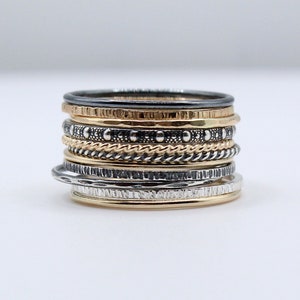 Set of 11 stacking rings, Mixed metal combination of 14k gold filled and sterling silver bands, Trendy and modern slim ring stack