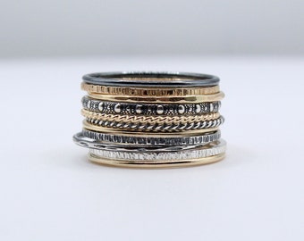 Set of 11 stacking rings, Mixed metal combination of 14k gold filled and sterling silver bands, Trendy and modern slim ring stack