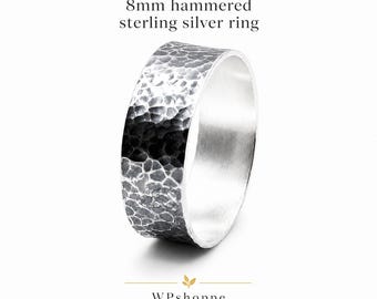 8mm Hammered Sterling Silver Ring, Wide Thumb Ring, Oxidized Silver Band, Rustic Statement Ring, Made to Order