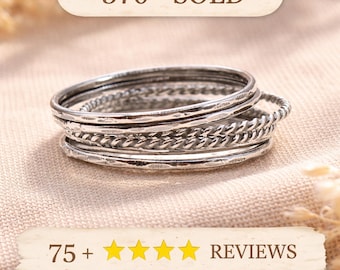 Sterling Silver Stacking Rings Set of 6, Thin Hammered & Twist Rings, Minimalist Stackable Rings, Dainty Silver Bands