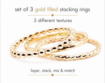 Gold Filled Stacking Rings Set of 3 – Hammered Twist Beaded Ring Stack – 14k Gold Filled Minimalist Rings – Dainty Everyday Jewelry