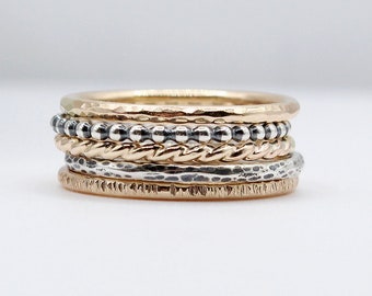 Set of 5 14k Gold Filled Sterling Silver Rings Mixed Metal Set of Layering Rings Gold Filled Ring Stack Textured Stacking Rings