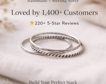 Sterling Silver Stacking Rings Set of 3 – Ultra Thin 1mm Rings, Hammered & Twist Stackable Bands, Minimalist Silver Ring Set, Dainty Stack