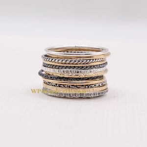 Mixed metal stack of 13 rings. Sterling silver and 14k gold filled layering rings. Gift idea for her.