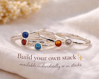 Birthstone Stacking Ring, Sterling Silver Hammered Ring, Crystal Bezel Ring, Custom Stackable Rings, Dainty Gift for Mom