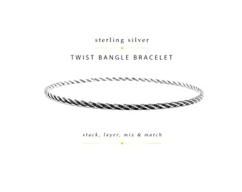 Sterling Silver Twist Bangle Bracelet • Oxidized Dot Texture Bangle • Thin Stacking Bracelet • Handmade Silver Layering Bracelet