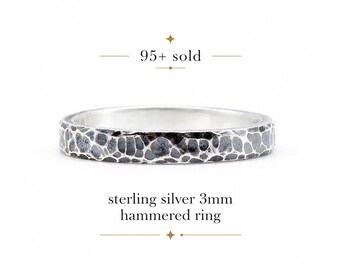 Sterling Silver Hammered Ring Thick Silver Stacking Ring 3mm Silver Wedding Ring Mens Silver Wedding Band Minimalist Ring