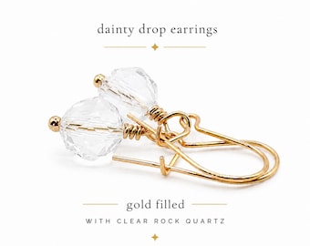 Pendientes colgantes de cuarzo delicados / Ganchos para pendientes de riñón chapados en oro de 14k / Pendientes minimalistas de cristal / Regalo hecho a mano para ella