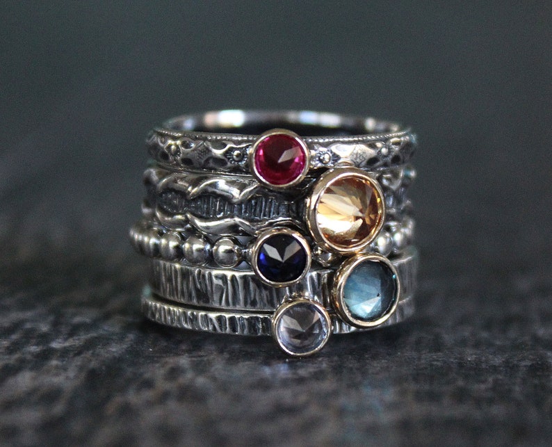 Inverted Setting Layering Mothers Ring Sterling Silver Birthstone Ring 14k Gold Bezel Setting Choose Your Birthstone Stacking Ring