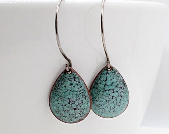 Turquoise enamel teardrop earrings Molten glass drops dangle from your choice of sterling silver ear wires Ready to ship