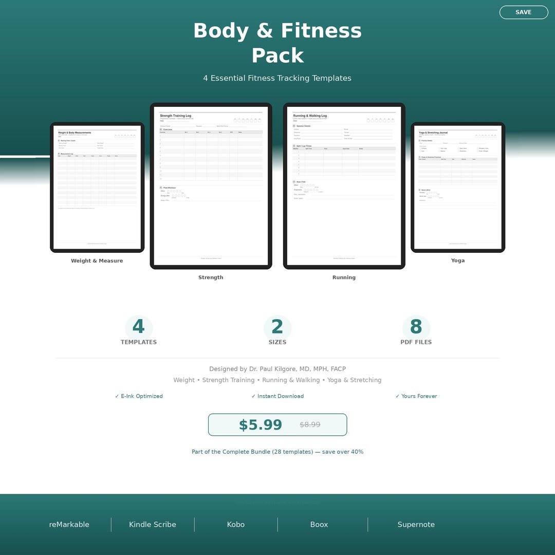 Fitness Tracker Templates for Remarkable Kindle Scribe | 4 PDF Planners ...