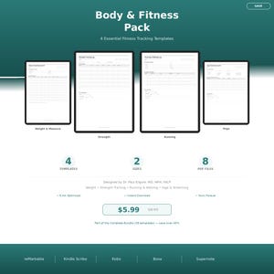 Könnte beinhalten: Ein digitales Produktpaket mit dem Titel "Body & Fitness Pack" mit vier essentiellen Fitness-Tracking-Vorlagen. Das Bild zeigt vier digitale Vorlagen für Gewicht & Maß, Kraft, Laufen und Yoga. Das Produkt enthält 8 PDF-Dateien.