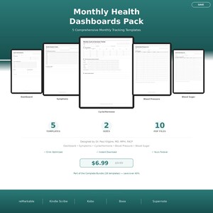 May include: A digital pack named "Monthly Health Dashboards Pack" offering 5 templates and 10 PDF files. It includes templates for tracking health metrics such as blood pressure and blood sugar. The price is £5.59.