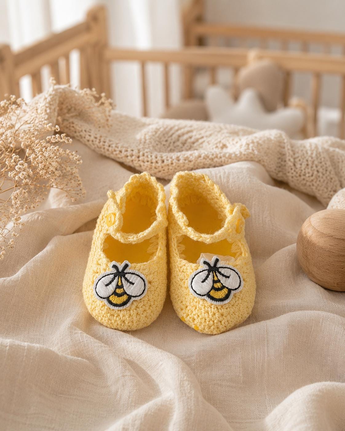 Hand-Crochet Cotton Mary Jane Baby Shoes Bumblebee Detail (0-3 Months) Made to Order